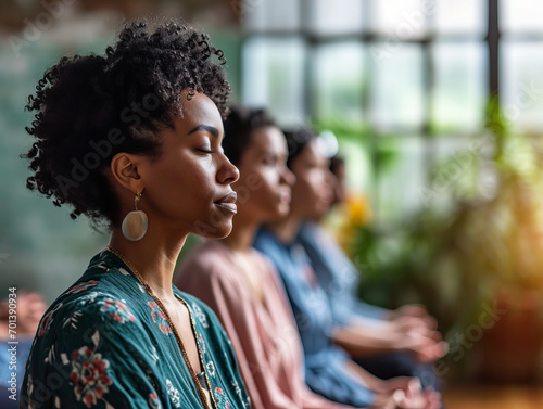 Group of diverse woman practicing spiritual mindfulness, yoga and meditation in a relaxing setting