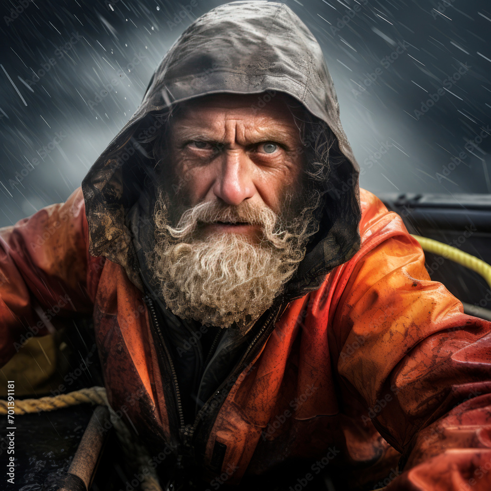 Rugged fisherman with beard, wearing waterproof orange jacket, hat, stares intently into distance heavy gaze against background of fishing boat ropes.Fishing industry.harsh life. Struggle sea elements Rugged fisherman with beard, wearing waterproof orange jacket, hat, stares intently into distance heavy gaze against background of fishing boat ropes.Fishing industry.harsh life. Struggle sea elements