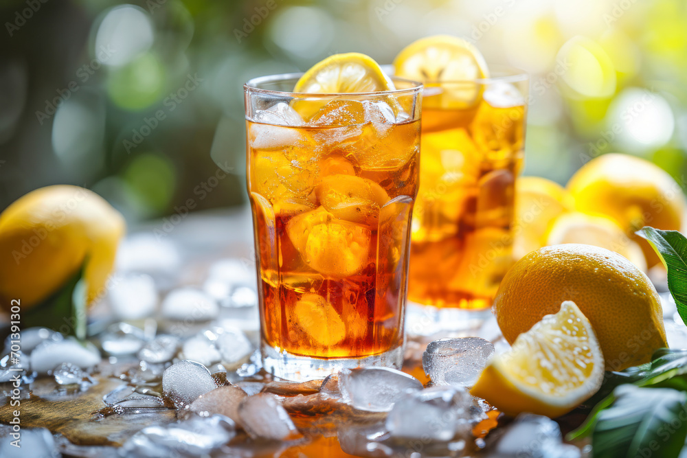 Refreshing iced tea, a composition featuring a tall glass of iced tea with ice cubes and lemon slices, creating a refreshing and summery scene with copy space. Refreshing iced tea, a composition featuring a tall glass of iced tea with ice cubes and lemon slices, creating a refreshing and summery scene with copy space.