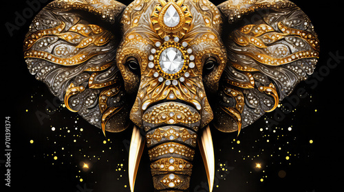 A photo of Cute Elephant head with decorative with glitter on black background