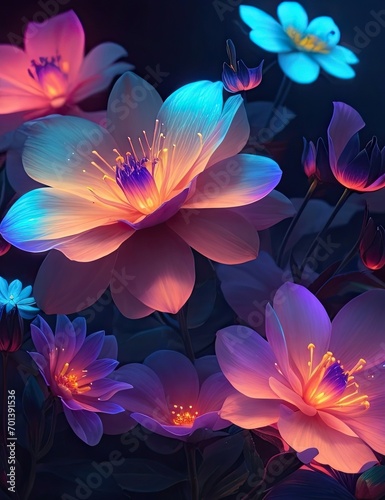 A magical illustration of glowing flowers in the dark.