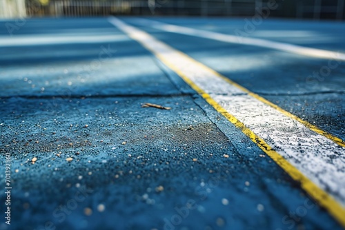 A blue tennis court with yellow lines. Generative AI photo