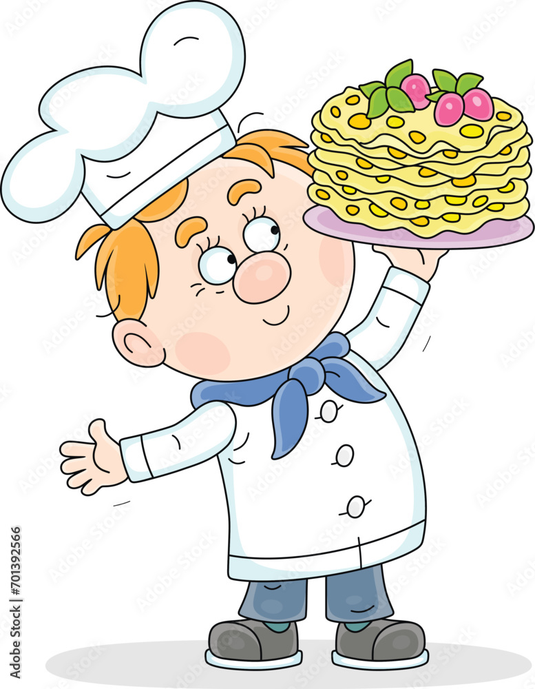 Happy cook in a chef hat holding a platter with freshly baked tasty sweet pancakes for a holiday treat in a restaurant, vector cartoon illustration isolated on a white background Happy cook in a chef hat holding a platter with freshly baked tasty sweet pancakes for a holiday treat in a restaurant, vector cartoon illustration isolated on a white background