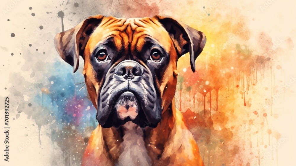 Watercolor illustration of boxer dog portrait with.Generative AI
