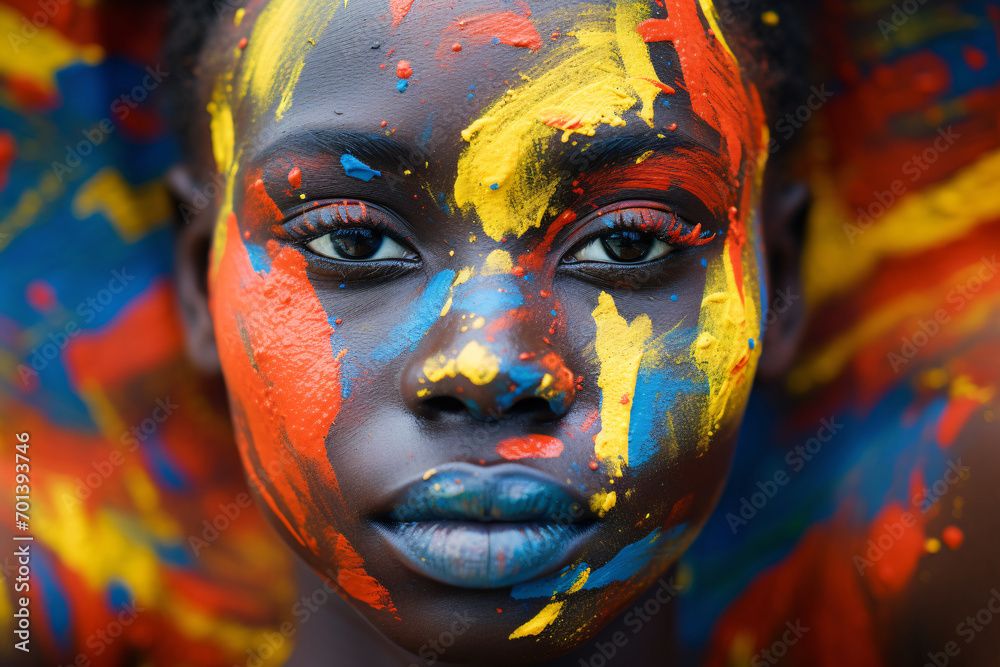 A young black woman with colorful paint in her face