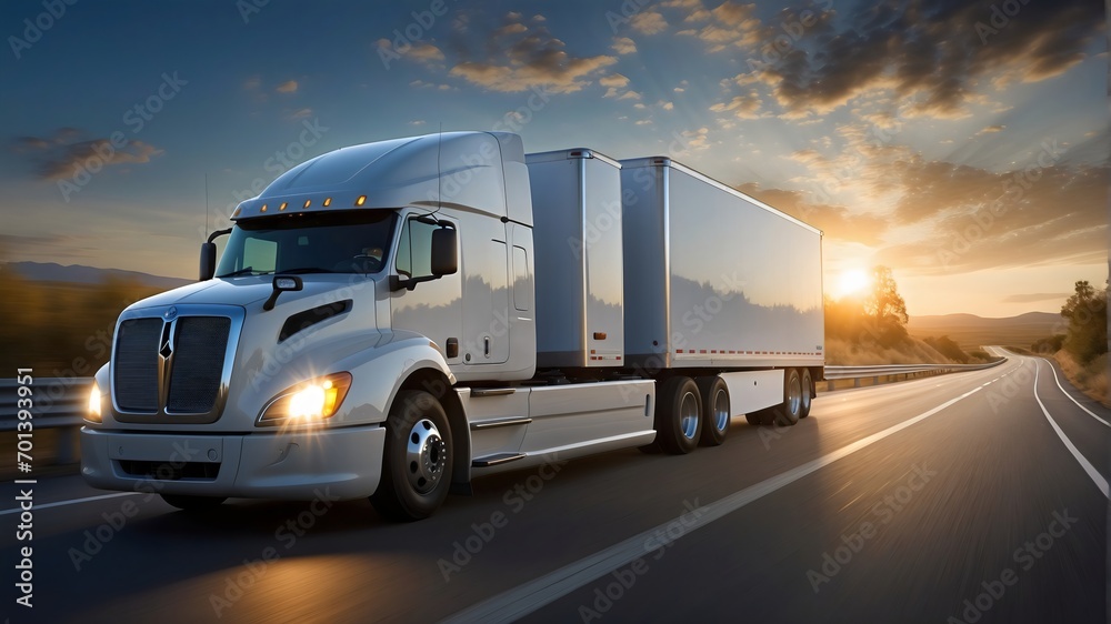 A large delivery truck speeds down the highway A large delivery truck speeds down the highway