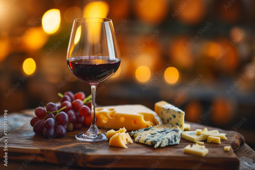 Wine and cheese pairing, an elegant composition featuring a glass of wine and a selection of fine cheeses.