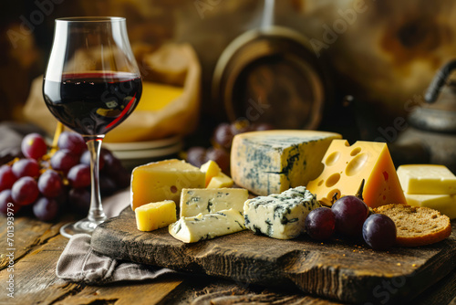 Wine and cheese pairing, an elegant composition featuring a glass of wine and a selection of fine cheeses.