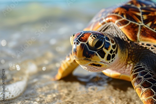 A close-up of a turtle's face in the water Generative AI