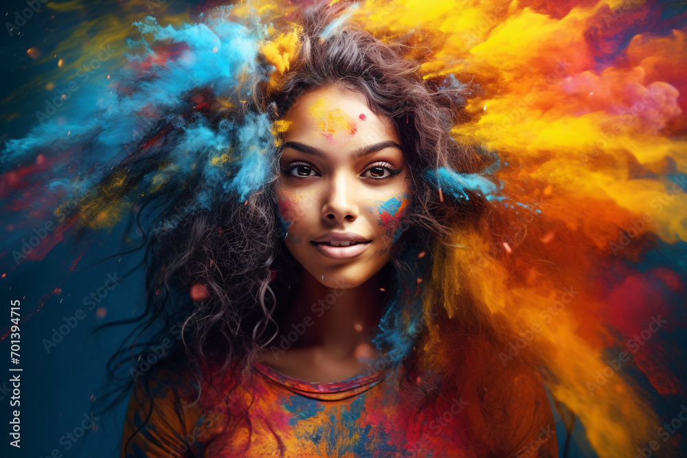 Portrait of a beautiful Indian woman in the midst of a color powder explosion
