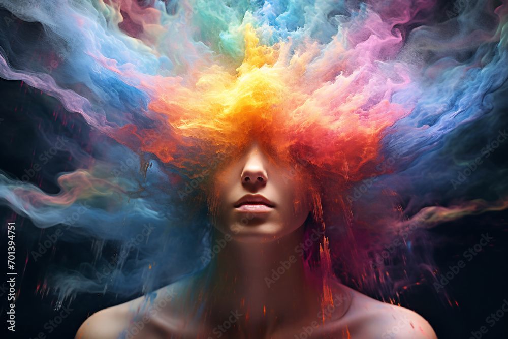 Colorful smoke emerging from the head of a woman, depicting the concept of diversity or neurodiversity Colorful smoke emerging from the head of a woman, depicting the concept of diversity or neurodiversity