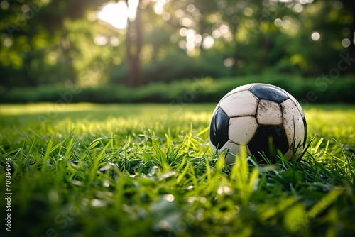 Soccer Ball in the Grass Generative AI photo