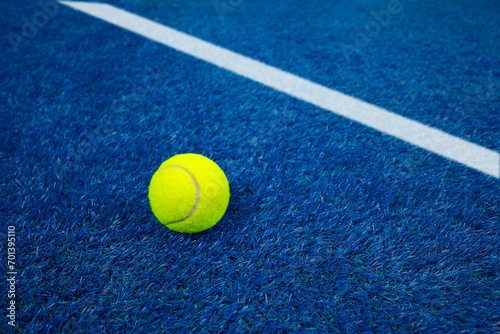 Tennis or padel court, sports and yellow ball on floor for exercise, workout and training for mockup athlete background for health and wellness. Fitness, game © cunaplus
