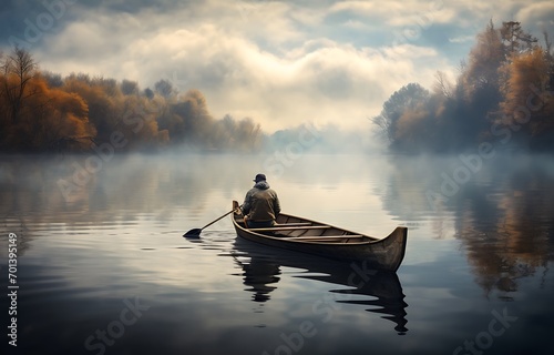 Fisherman in a boat on the lake at foggy morning