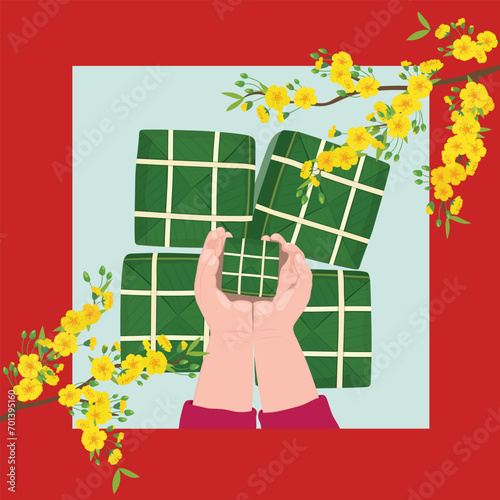 Small glutinous rice cake on kid's hands and ochna blossom vector illustration. Vietnamese traditional new year. Tet holiday. Vietnamese lunar new year.
