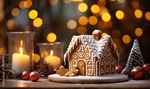 gingerbread house with christmas decoration on bokeh background