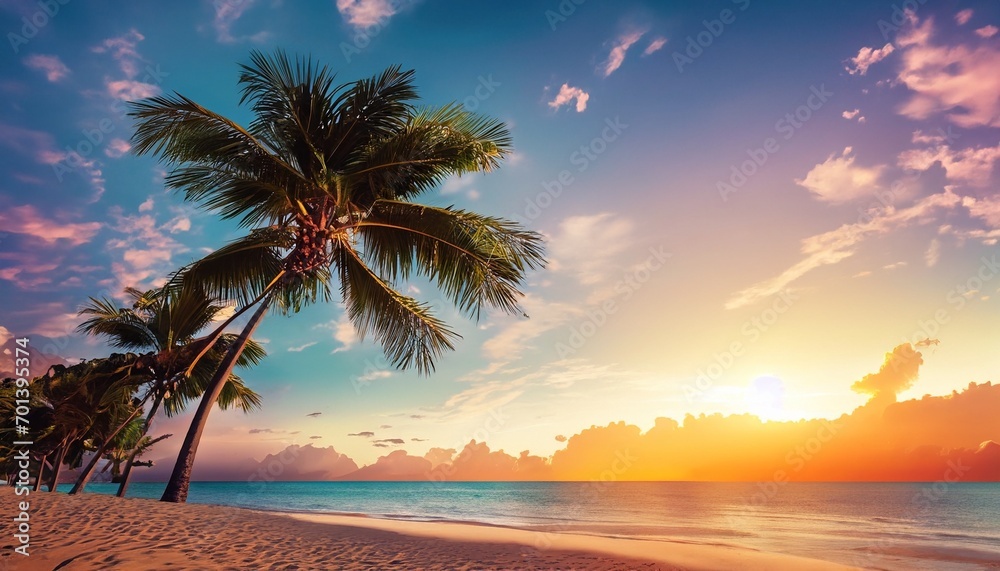 sunset on the beach with a palm tree suitable as a background or cover