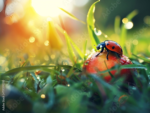 ladybug on an apple in the grass