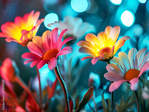 shining multicolored gerbera flowers on a blue background