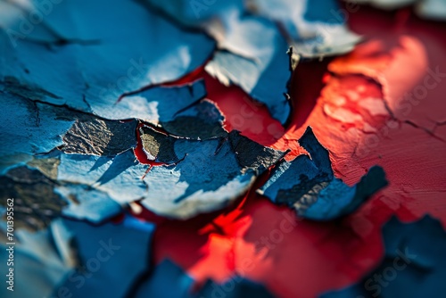 A close-up of a blue and red paint chipping off a wall Generative AI photo