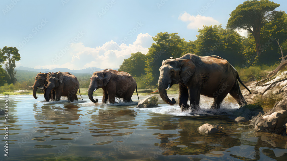 Naklejka premium Elephants in river drinking a water 