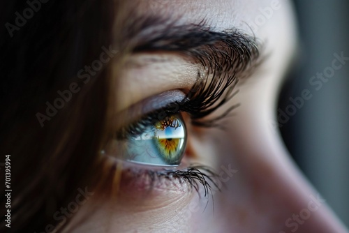 A close-up of a person's eye with a yellow reflection Generative AI photo