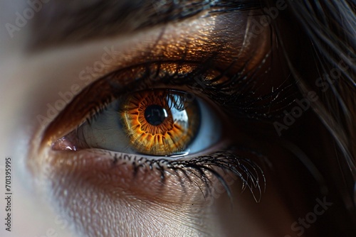 A close-up of a person's eye with a yellow iris Generative AI photo