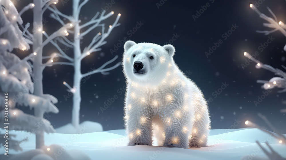 Night winter session polar bear in the snow with light reflecting animal Night winter session polar bear in the snow with light reflecting animal