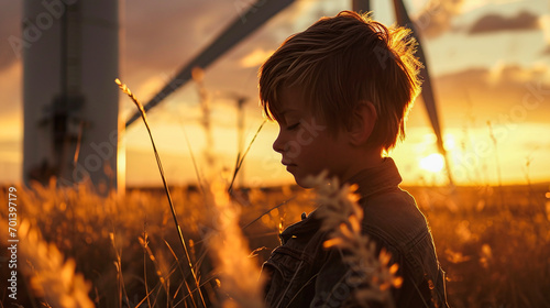 A kid in front of an onshore wind turbines. A kid learning about renewables and wind. Kids protecting the environment.