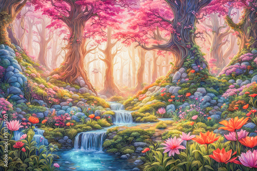 an enchanted forest in a fantasy land filled with vibrant multicolored flowers and trees, peaceful lanscapes concept, generative ai photo