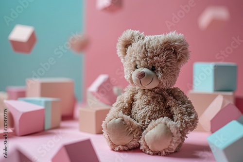 A brown teddy bear sitting on a pink surface. Generative AI photo
