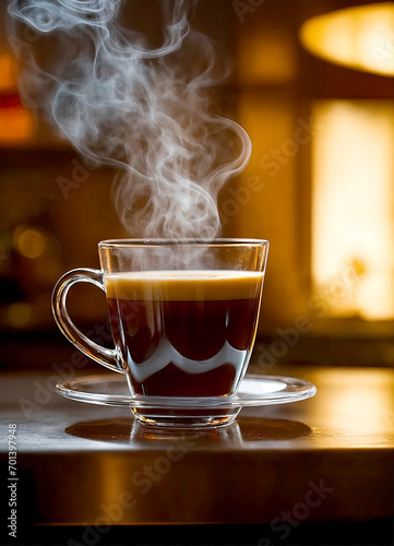Cup of coffee with steam. Cafe. Morning coffee. Coffee cup close-up. Coffee advertising. Hot coffee.