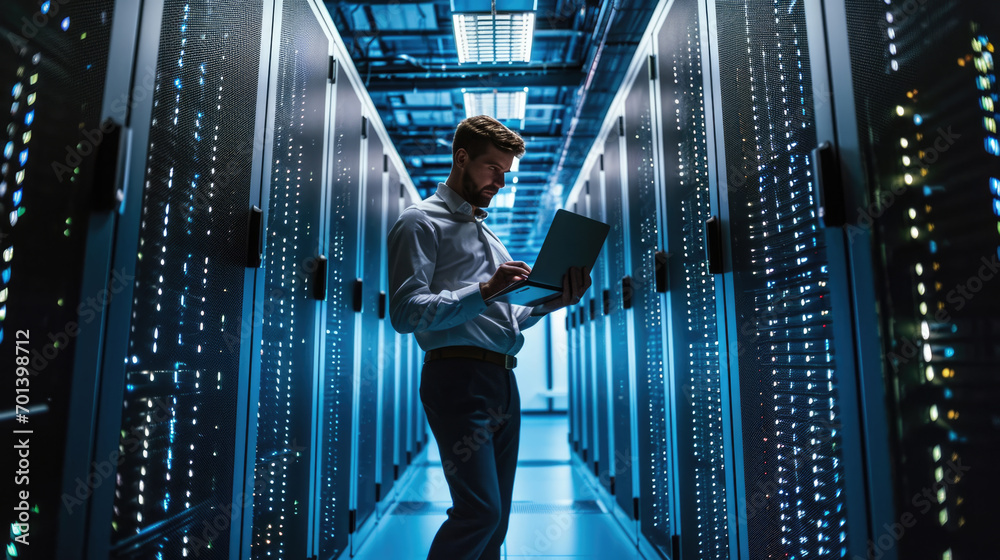 Focused IT professional using a laptop while standing in a server room with racks of network equipment illuminated by blue lights Focused IT professional using a laptop while standing in a server room with racks of network equipment illuminated by blue lights