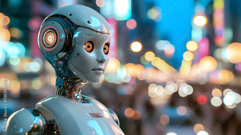 Cute robot in the modern city