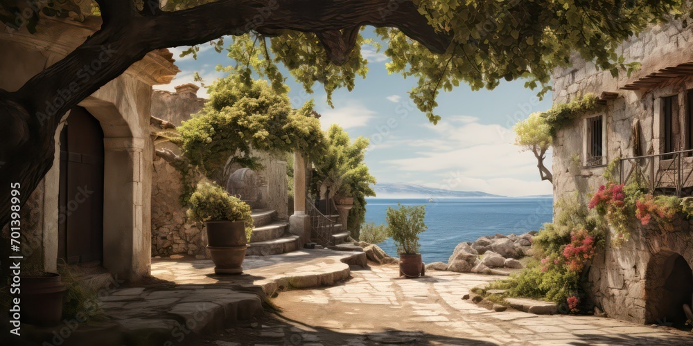An old courtyard by the sea, brought to life in stunning realism through high-quality photography captured An old courtyard by the sea, brought to life in stunning realism through high-quality photography captured