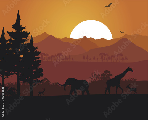 Early morning cartoon nature landscape with sun rising over green field with conifers trees and rocks under pink sky with flying birds. Scenery background  summer or spring meadow  Vector illustration