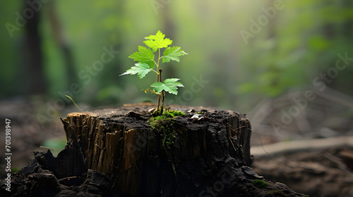 Young tree emerging from old tree stump photo