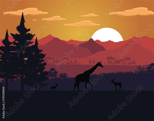 Early morning cartoon nature landscape with sun rising over green field with conifers trees and rocks under pink sky with flying birds. Scenery background  summer or spring meadow  Vector illustration