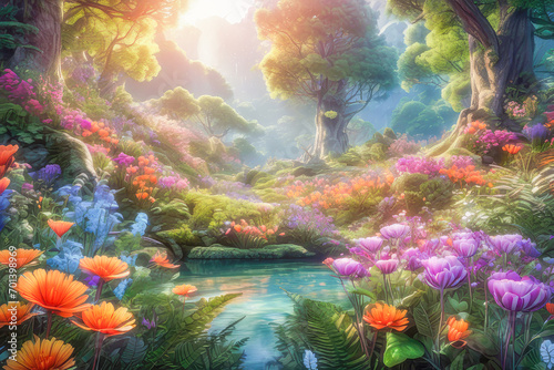 an enchanted forest in a fantasy land filled with vibrant multicolored flowers and trees peaceful lanscapes, Plants and Flowers concept, generative ai