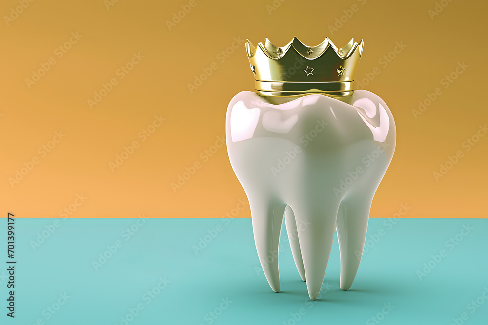 Healthy tooth with golden crown. 3D rendering - obrazy, fototapety, plakaty 