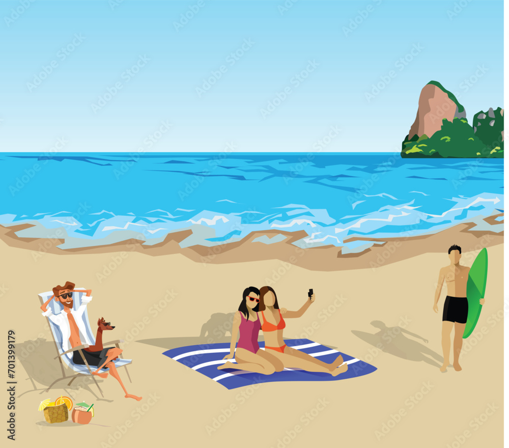 Summer vacation party on beach, people having fun, active leisure vector illustration