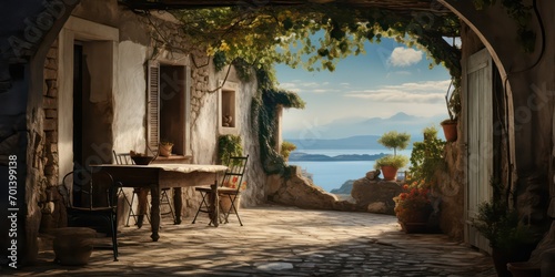 An old courtyard by the sea, brought to life in stunning realism through high-quality photography captured