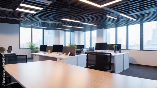 Abstract blurred interior modern office space with business and empty space, people working, panoramic windows, and beautiful lighting background blur in business concept. © DJSPIDA FOTO