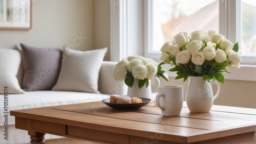 White bouquet on the wooden coffee table with sofa in a cozy room white mug coffee, featuring a glass vase filled with sweet white tone, wooden tray, soft natural light streaming through a window