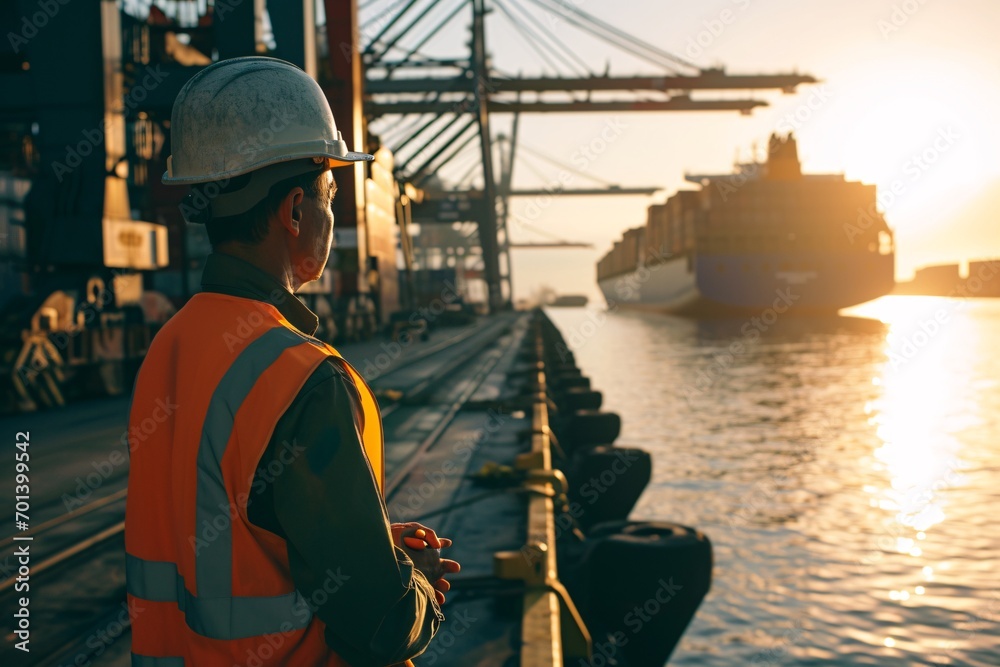 A man in a hard hat standing on a dock near a large ship. Generative AI A man in a hard hat standing on a dock near a large ship. Generative AI
