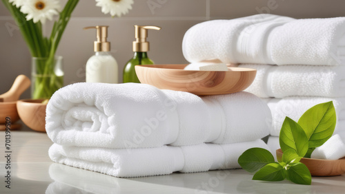 Create an inviting elegance with soft lighting, emphasizing the elegance of towels and beauty treatments, Towel with herbal bag and beauty treatments, candles, essential oils photo