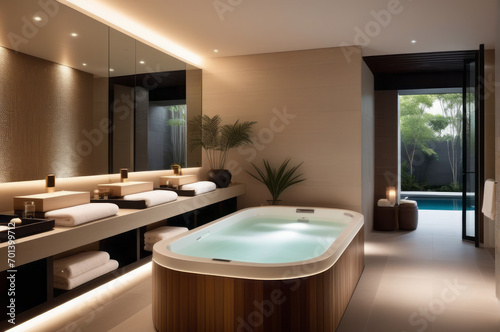 interior design Spa conveys a sense of tranquility with a minimalist style  and soft lighting to highlight spa accessories in a soothing environment