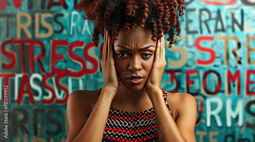 Young woman with a pained expression, holding her temples, against a background filled with the word "STRESS" repeated in various sizes and orientations