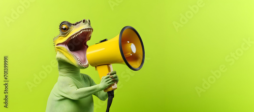 Chameleon announcing using megaphone. Notifying, warning, announcement. photo