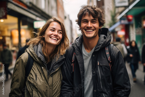 Smiling Young Couple Enjoying a Casual Stroll in the Big City
